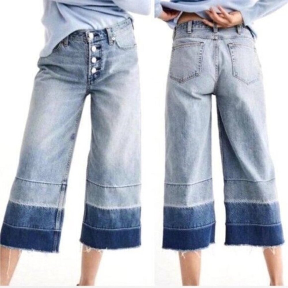 A&Fitch Cropped Stovepipe Wide Leg Crop High Rise Raw Edge Jeans Ombre Denim 31